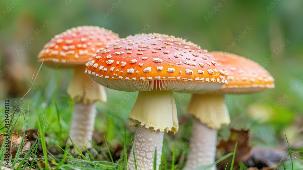 Vibrant Red Mushrooms with Spotted Caps Growing in Natural Setting Vibrant Red Mushrooms with Spotted Caps Growing in Natural Setting