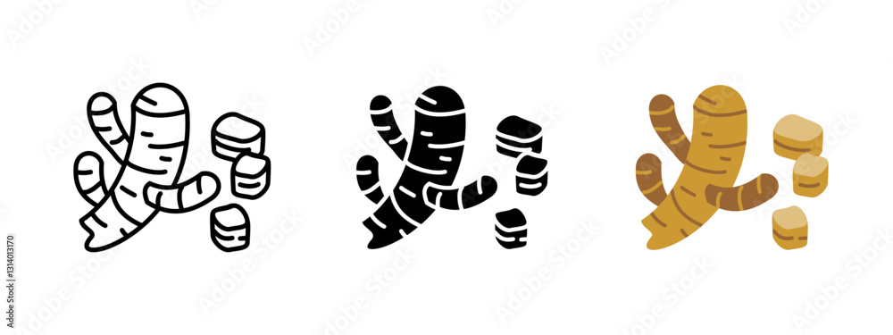 Ginger icon. Spicy and aromatic root used in cooking, tea and herbal medicine. Fresh and dried ginger vector pictogram. Natural ingredient for seasoning, drinks and health remedies. Ginger icon. Spicy and aromatic root used in cooking, tea and herbal medicine. Fresh and dried ginger vector pictogram. Natural ingredient for seasoning, drinks and health remedies.