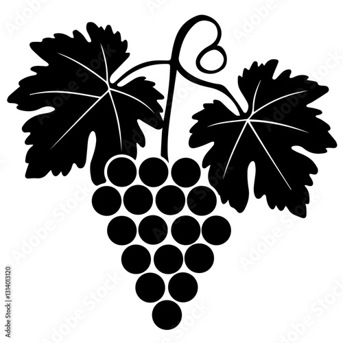 A black silhouette of a grapevine with a cluster of grapes and two large leaves, isolated on a white background. The vector-style design emphasizes contrast and simplicity.
