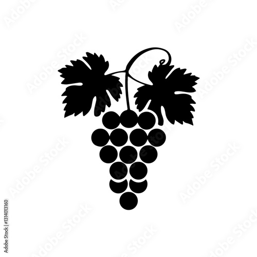 A black silhouette of a grapevine with a cluster of grapes and two large leaves, isolated on a white background. The vector-style design emphasizes contrast and simplicity.