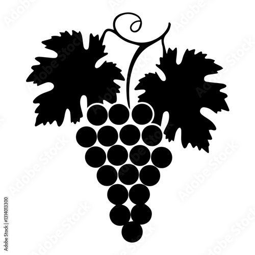 A black silhouette of a grapevine with a cluster of grapes and two large leaves, isolated on a white background. The vector-style design emphasizes contrast and simplicity.