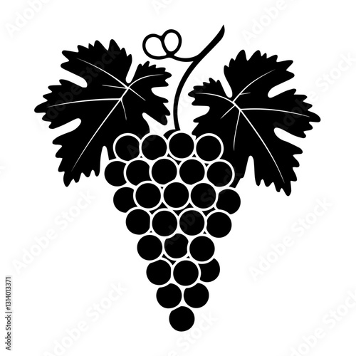 A black silhouette of a grapevine with a cluster of grapes and two large leaves, isolated on a white background. The vector-style design emphasizes contrast and simplicity.