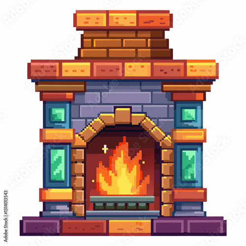 Colorful Pixel Art Fireplace with Burning Fire Retro Game Style Illustration