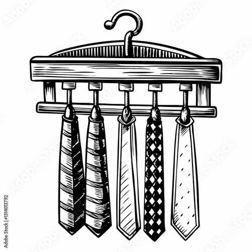 Vintage Tie Rack Illustration Classic Hand Drawn Neckties Hanging