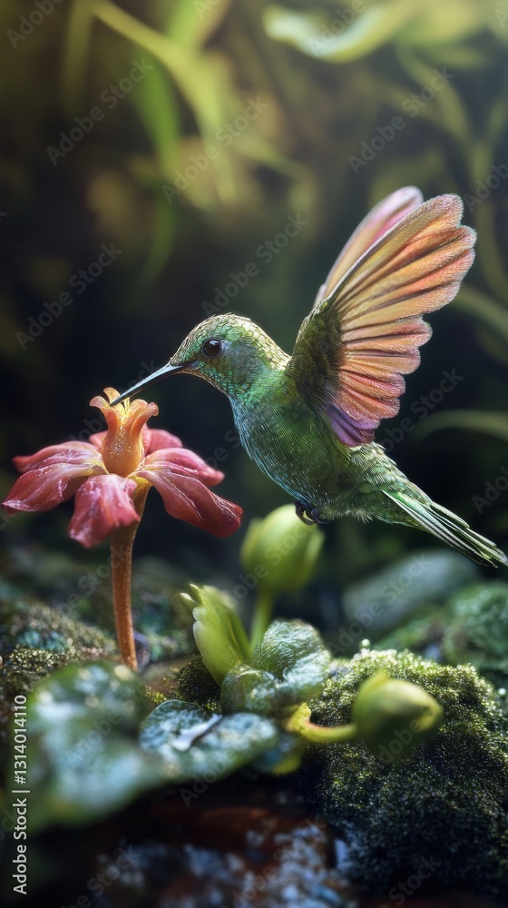 Fototapeta premium A miniature hummingbird with iridescent feathers drinking from a microscopic flower, ultra-realistic