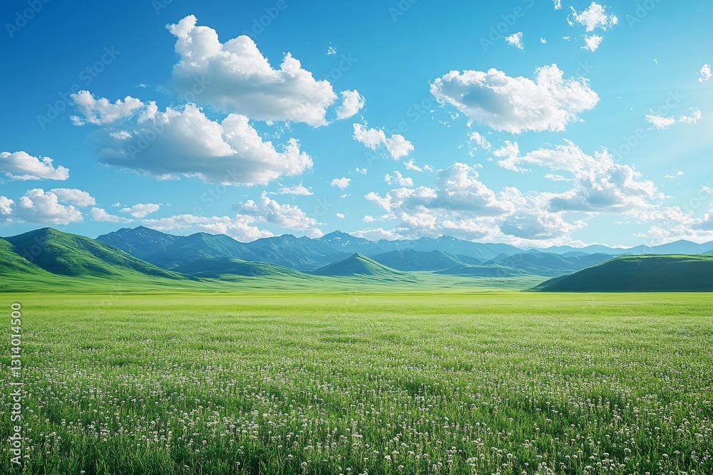 A serene summer alpine landscape featuring vast green grasslands and distant mountains, ideal for nature-themed designs, outdoor events, or travel promotions. A serene summer alpine landscape featuring vast green grasslands and distant mountains, ideal for nature-themed designs, outdoor events, or travel promotions.