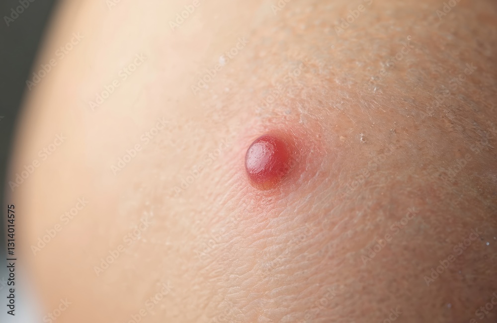 Fototapeta premium Close-up of molluscum contagiosum nodule on child abdomen skin. Viral infection spot caused by Molluscipoxvirus. Common skin disease, infectious condition, contagious disease on skin.