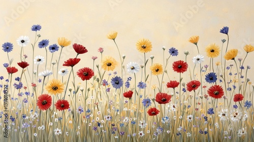 Bright Wildflower Meadow with Colorful Blossoms Against Soft Background