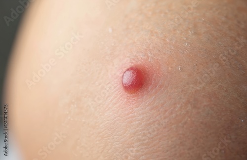 Close-up of molluscum contagiosum nodule on child abdomen skin. Viral infection spot caused by Molluscipoxvirus. Common skin disease, infectious condition, contagious disease on skin.