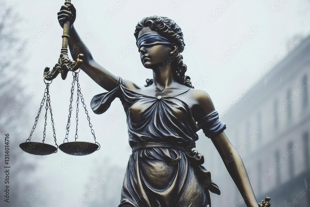 Blindfolded justice statue holding scales in urban setting Blindfolded justice statue holding scales in urban setting