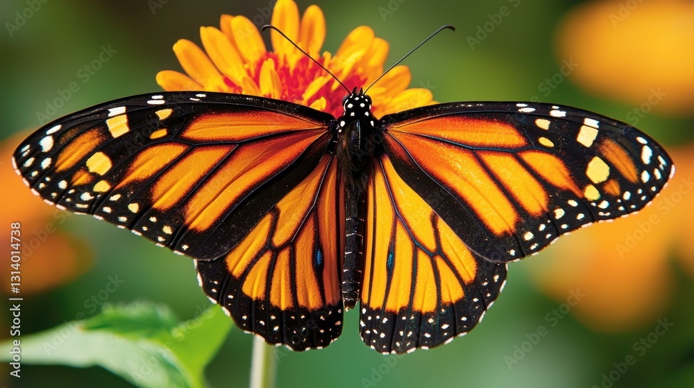 Naklejka premium Monarch butterfly perched on a vibrant orange flower.