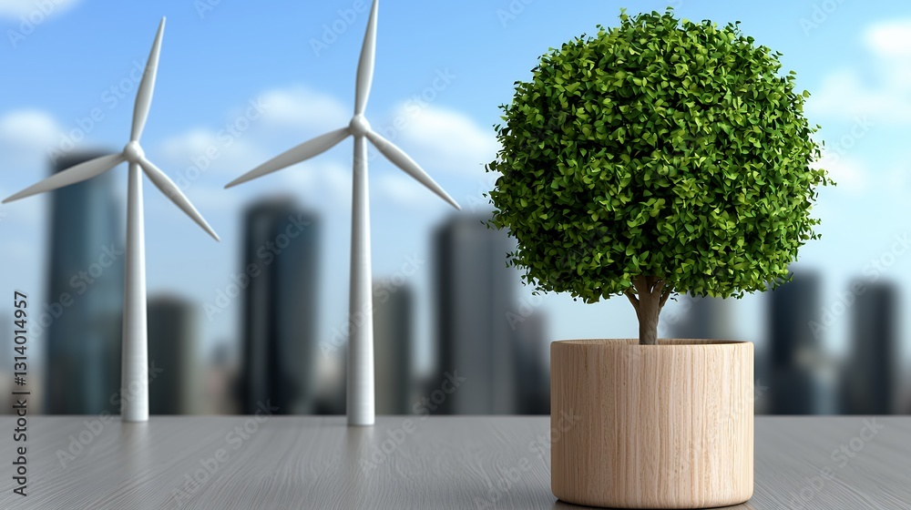 Fototapeta premium Green Plant and Wind Turbines Against City Skyline