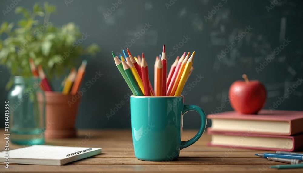 Stack of books with apple, color pencils in cup on wooden desk. Blackboard with math formulas. Back to school concept. Education banner, teacher day greeting card. Plant, notebook, pen completing Stack of books with apple, color pencils in cup on wooden desk. Blackboard with math formulas. Back to school concept. Education banner, teacher day greeting card. Plant, notebook, pen completing