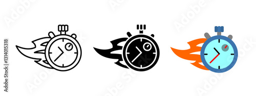 Flaming stopwatch icon. Timer with flames symbolizing speed and urgency. Fast countdown and express delivery vector illustration. Racing, quick action and time management concept. Deadline pictogram.