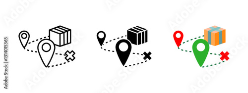 Delivery supply chain icon. A package with location pins and a dotted route representing logistics and transportation. Order tracking, warehouse management, and distribution vector illustration.