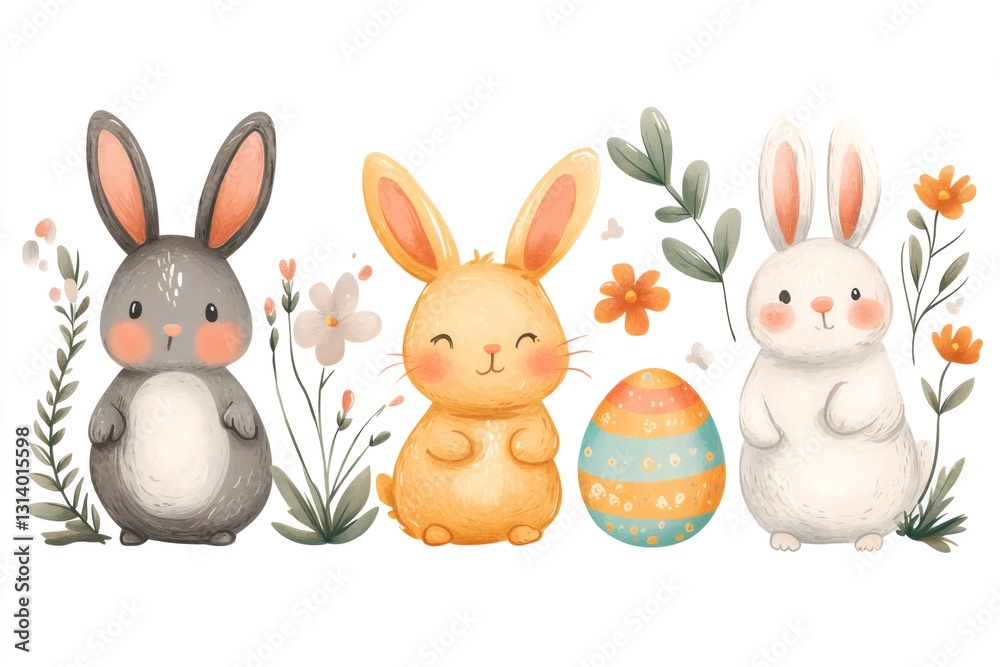 Fototapeta premium Three easter bunnies posing with decorated egg and flowers