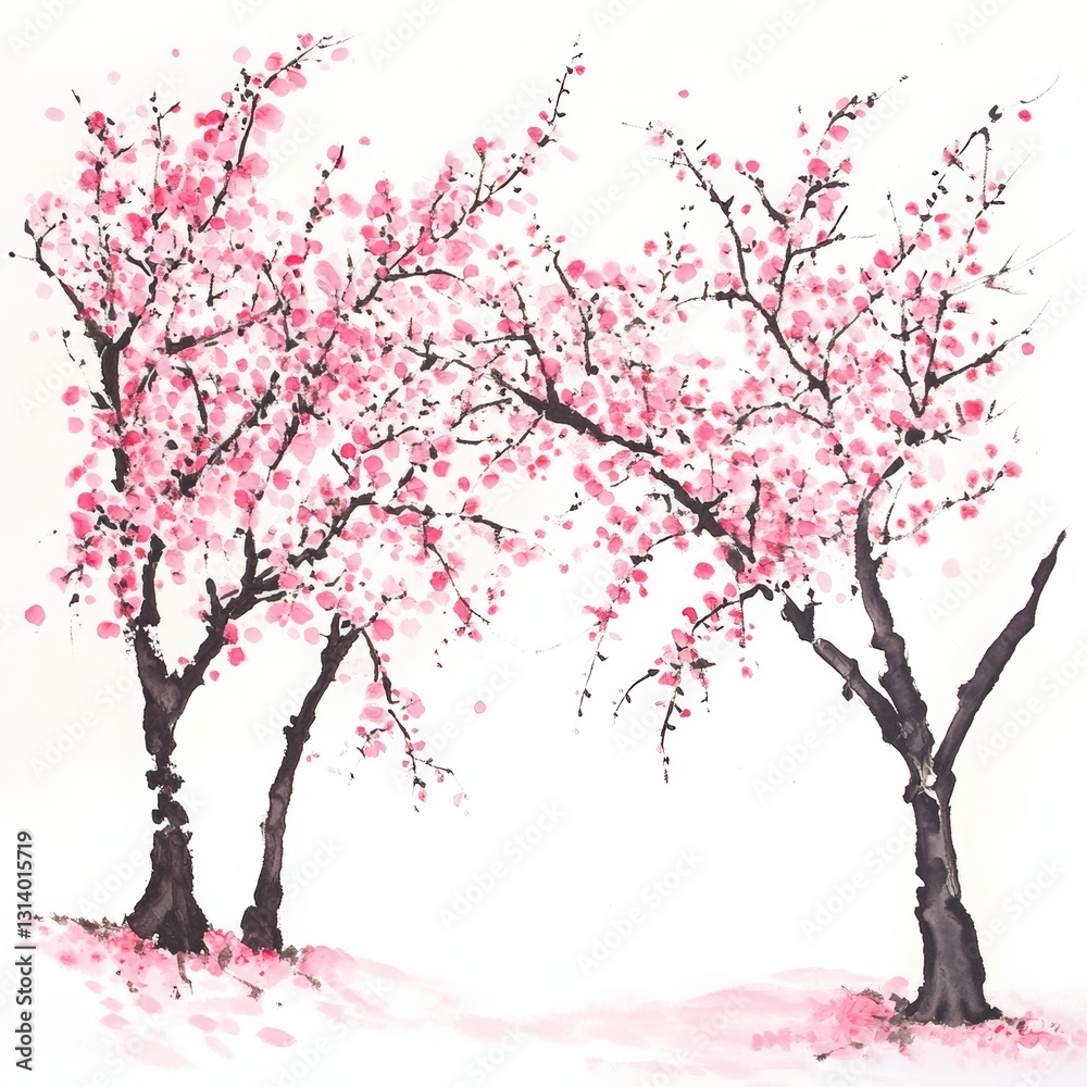 Fototapeta premium Two trees with pink blossoms are painted in a watercolor style. The trees are positioned next to each other