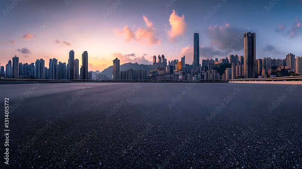 Fototapeta premium Panoramic city skyline at sunset, empty asphalt road in foreground.