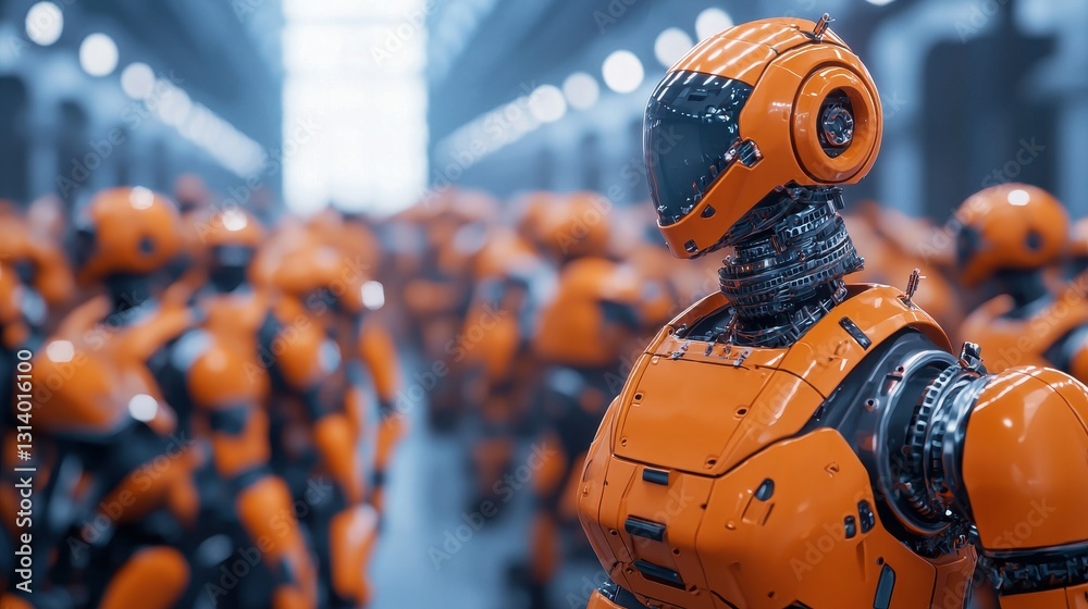 Futuristic Robot Army in Orange Uniforms in High-Tech Factory Setting Futuristic Robot Army in Orange Uniforms in High-Tech Factory Setting