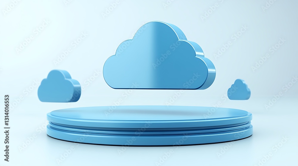 Blue Cloud Icons with Floating Effect on Minimalist Platform for Digital Concepts and Modern Technology Use