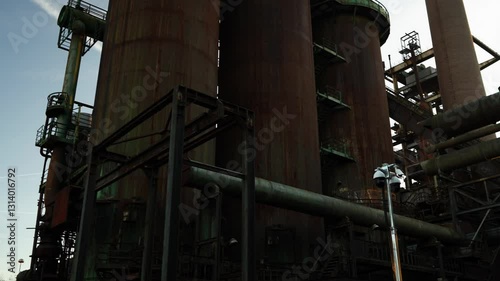 Rusty industrial blast furnace at Hochofenwerk Phoenix West in Ruhr Valley, Germany, with post-apocalyptic vibes. photo