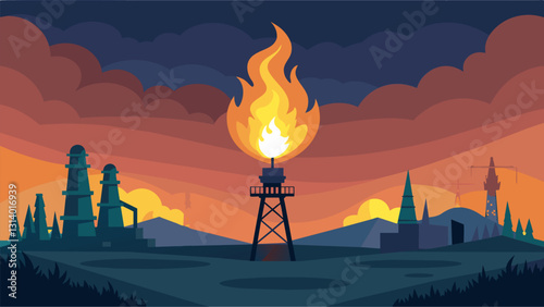 Against the desolate background of the oil fields the vibrant flare of burning gas draws the eye and emphasizes the constant activity and growth of. Vector illustration