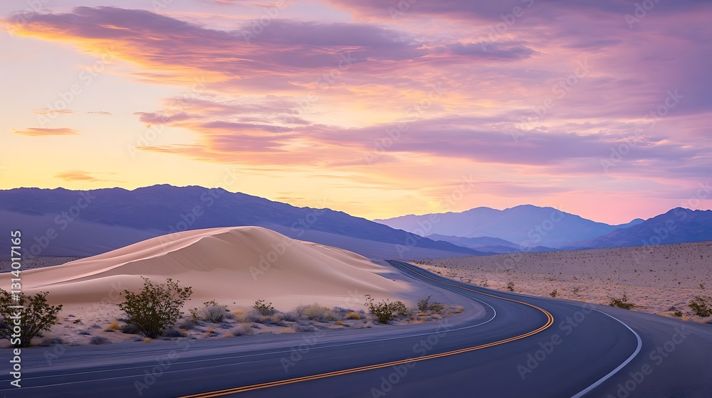 Fototapeta premium Desert highway under a beautiful sunset, road vanishing into the horizon