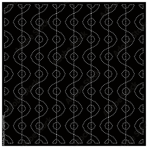 Black background with figures from dots. Black and white pattern for web page, textures, card, poster, fabric, textile. Repeating design.