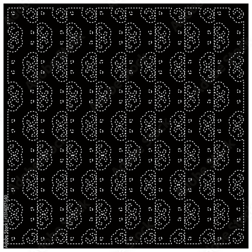 Black background with figures from dots. Black and white pattern for web page, textures, card, poster, fabric, textile. Repeating design.