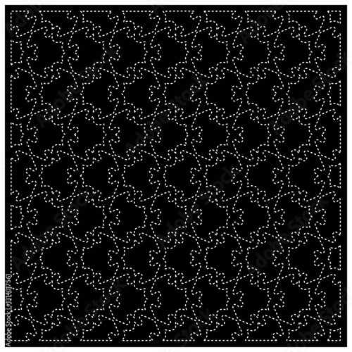 Black background with figures from dots. Black and white pattern for web page, textures, card, poster, fabric, textile. Repeating design.