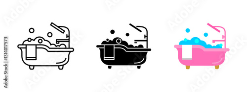Bathtub icon. A filled bathtub with bubbles, towel and faucet. Symbol of relaxation, hygiene and self-care. Vector illustration representing spa, wellness and home bathroom comfort.