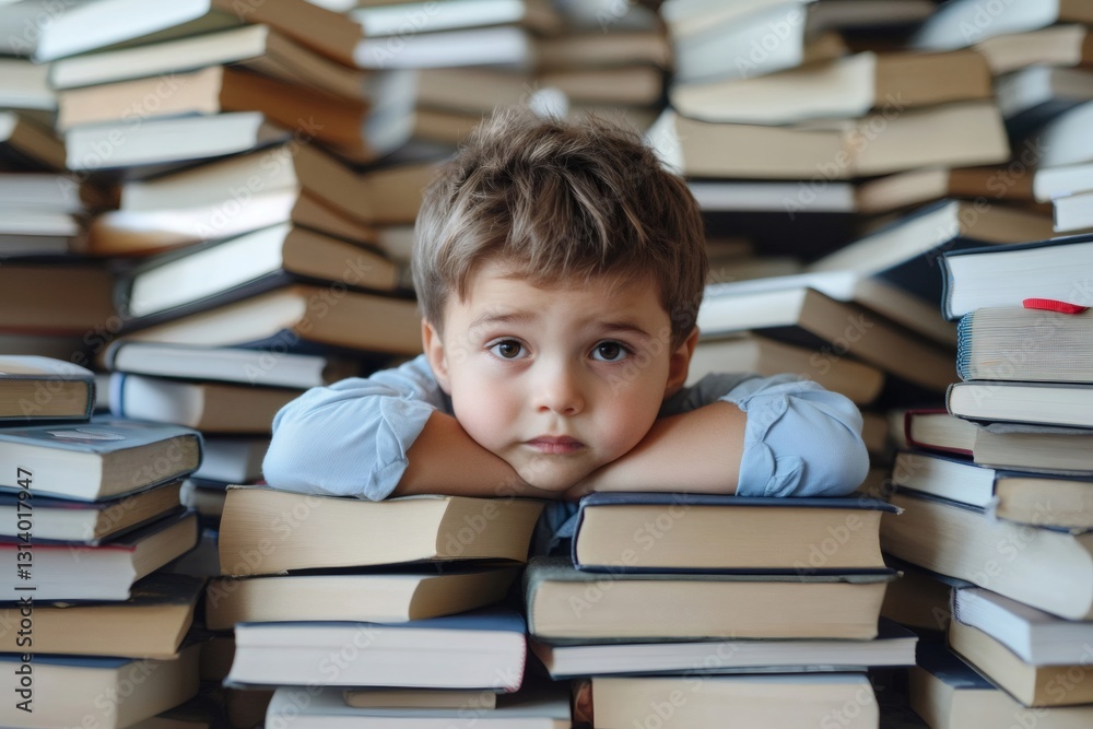 Preschooler boy resting on books in library, education and childhood development concept Preschooler boy resting on books in library, education and childhood development concept