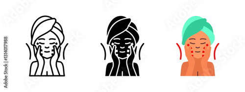 Face massage icon. Woman applying skincare treatment with gentle hand movements. Beauty and wellness routine vector illustration. Self-care and relaxation pictogram.