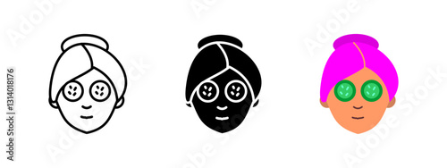 Spa cucumber mask icon. Face with cucumber slices for skincare and relaxation. Beauty treatment and self-care vector illustration. Wellness and rejuvenation pictogram.