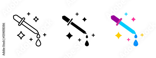 Dropper serum icon. Pipette with liquid drops for skincare and hydration. Beauty treatment and cosmetic care vector illustration. Wellness and rejuvenation pictogram.