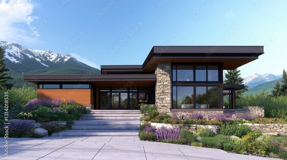 Modern Architectural House with Mountain View and Lush Landscape Modern Architectural House with Mountain View and Lush Landscape