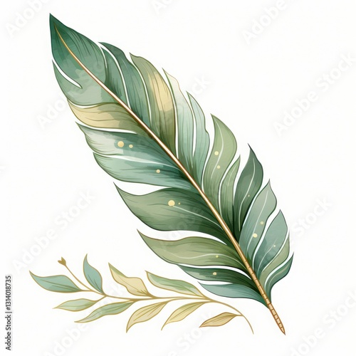 A Delicate Feather and Leaf Illustration in Soft Green and Gold