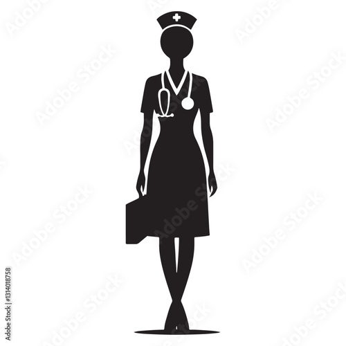 Dedicated Nurse silhouette, always prioritizing patient well-being - Nurse illustration - Minimalist Nurse vector - Healthcare silhouette

