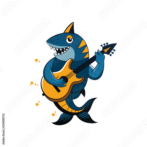 musical shark strumming guitar surrounded by fish