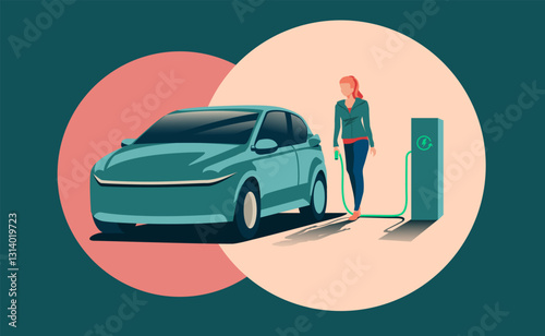 Young woman Charging electric car at station