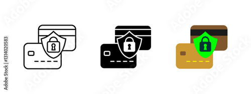 Payment security icon. Credit and debit cards with shield and lock symbol. Representation of fraud prevention, secure transactions and financial protection. Online banking and digital safety concept.