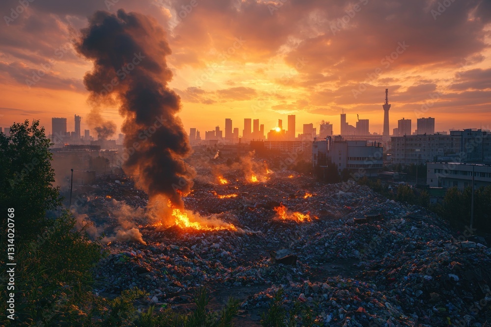 Burning landfill with cityscape at sunset. Pollution, trash and waste crisis Burning landfill with cityscape at sunset. Pollution, trash and waste crisis