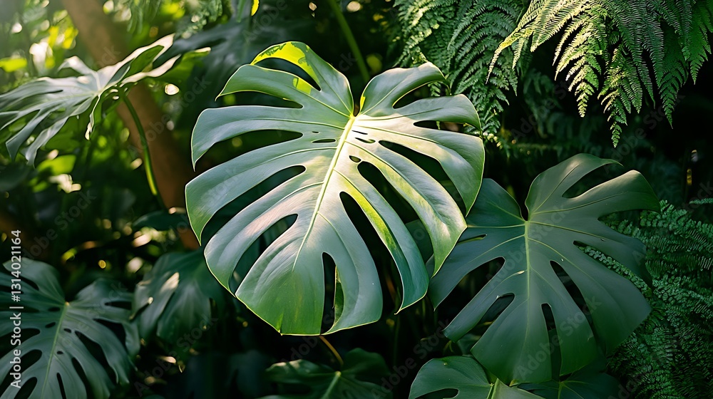 Fototapeta premium Lush green Monstera deliciosa leaf with ferns in sunlight.