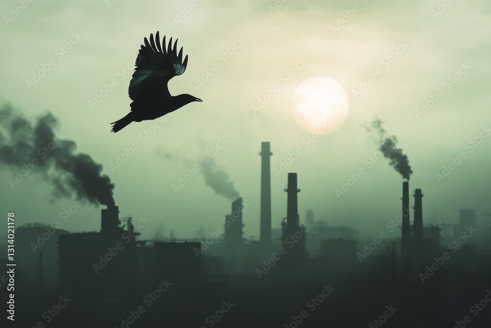 Fototapeta premium Bird Flying Over Industrial Landscape at Dusk with Air Pollution