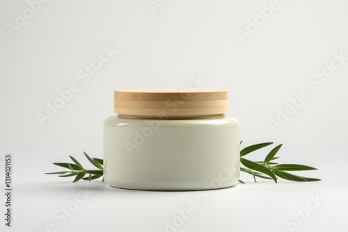 A Jar of Cream with a Wooden Lid and Green Leaves