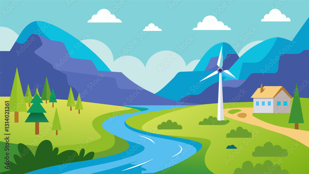 Naklejka premium As a stream flows peacefully through a valley a small turbine spins gently providing enough electricity for the nearby community without producing any. Vector illustration