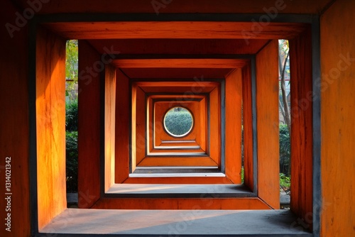 Orange wooden tunnel creating an abstract perspective with a circular opening