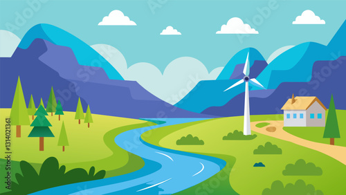 As a stream flows peacefully through a valley a small turbine spins gently providing enough electricity for the nearby community without producing any. Vector illustration