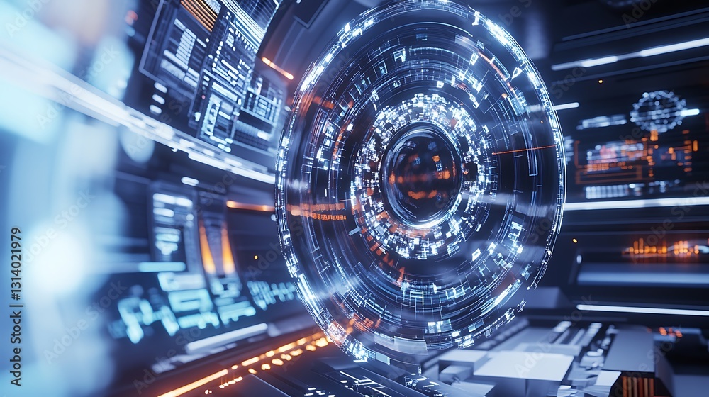 Futuristic digital interface with glowing orb, displaying data and technological elements. Futuristic digital interface with glowing orb, displaying data and technological elements.