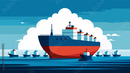 Like a modernday Goliath a gargantuan oil tanker dominates the horizon its sleek white body dwarfing the surrounding ships.. Vector illustration